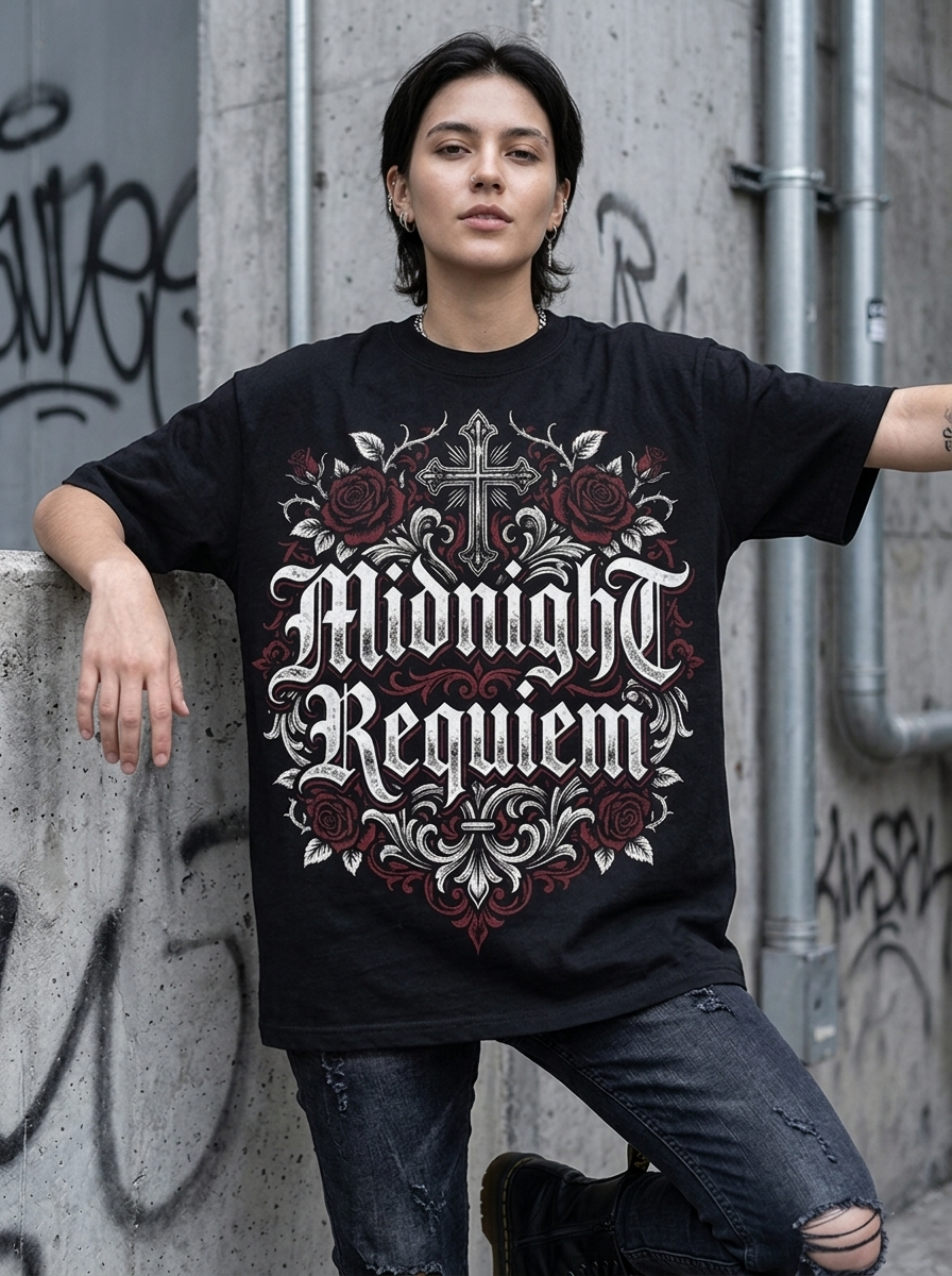 Oversize-T-Shirt „Midnight Requiem“ – Am Model getragen