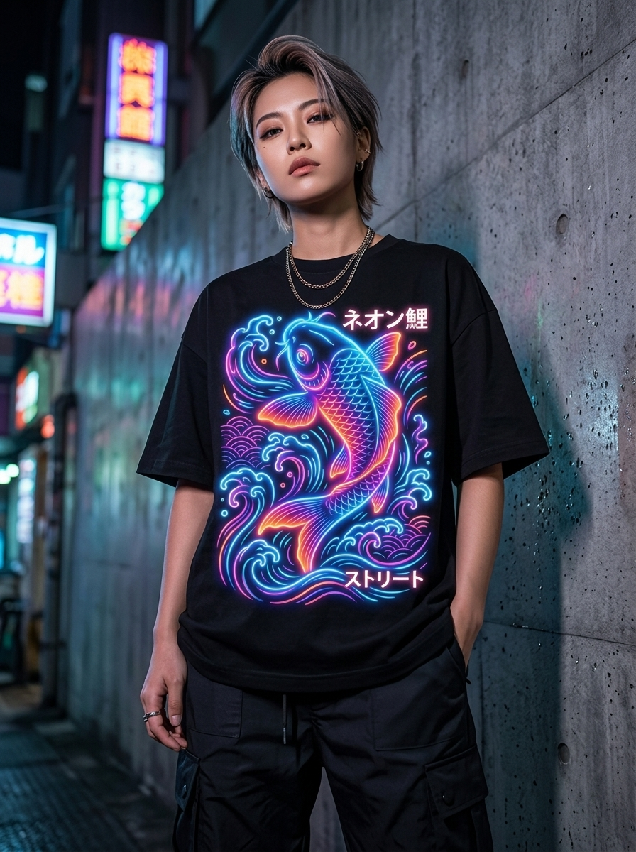 Oversize-T-Shirt „Neon Koi“ – Am Model getragen